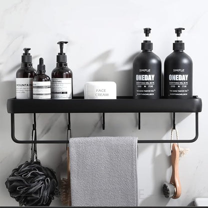 Modern Double Layer Bathroom Storage Shelves and One Towel Bar and 5 Moveable Hooks, Wall Mounted Black Aluminum Towel Holders Towel Rack, Bath/Kitchen Storage Shelf (Black-15.7Inches)