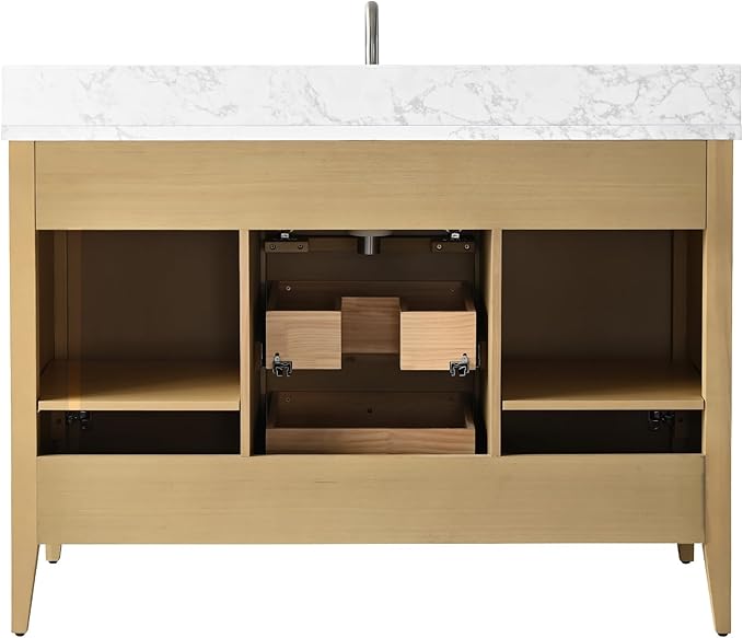 HOMEBEYOND 48" Bathroom Vanity with Sink, Solid Wood Bathroom Vanity Free-Standing Cabinet, Drawers, Ceramic Top & Soft Closing Door, Golden Brushed Handware, Natural Oak
