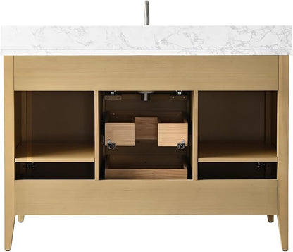 HOMEBEYOND 48" Bathroom Vanity with Sink, Solid Wood Bathroom Vanity Free-Standing Cabinet, Drawers, Ceramic Top & Soft Closing Door, Golden Brushed Handware, Natural Oak