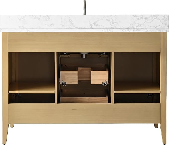 Vanity Art 48 inch Bathroom Vanity with Single Sink & Ceramic Top, Vanity Cabinet with Soft-Closing Door, Solid Wood Frame, Linear Pattern, Natural Oak, Golden Brushed Handware VA9148-NO-GB