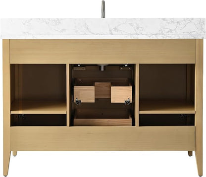 Vanity Art 48 inch Bathroom Vanity with Single Sink & Ceramic Top, Vanity Cabinet with Soft-Closing Door, Solid Wood Frame, Linear Pattern, Natural Oak, Golden Brushed Handware VA9148-NO-GB