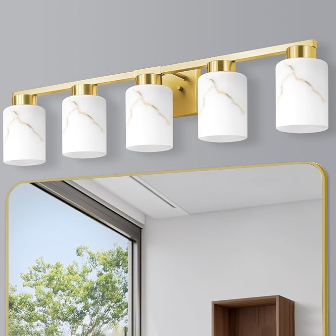 5-Light Bathroom Light Fixtures, Modern Vanity Lights, Gold Metal Wall Lamp with White Marble Glass for Bathroom, Mirror, Living Room, Bedroom, Cabinet, Porch, Hallway, E26 Base