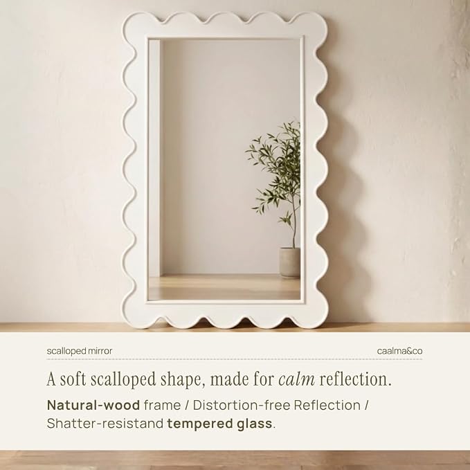 CAALMA Scalloped Wall Mirror 24 x 36 Rectangular, Bathroom Mirror, Mirrors for wall Decor, Wooden Frame Mirrors for wall, Decorative Vanity Mirror, Nursery Decor, Entryway Mirror (White)