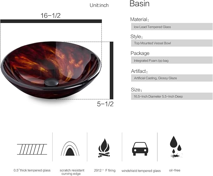 Bathroom Artistic Vessel Sink, Tempered Glass Vanity Round Bowl, Flame Red | Black Faucet, Pop Up Drain, Above Counter, Easy Clean