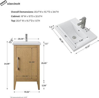 HomeBeyond 20 Inch Bathroom Vanity with Sink & Ceramic Top, Single Vanity Cabinet with Basin, Soft-Closing Doors & Matte Black Hardware, Natural Oak