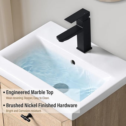 Vanity Art 20 inch Small Bathroom Vanity with Sink, Vanity Cabinet with Doors and Removable Shelf, Modern Wood Cabinet with Marble Top, Solid Wood Frame, Ceramic Sink,VA70-20-LW-E