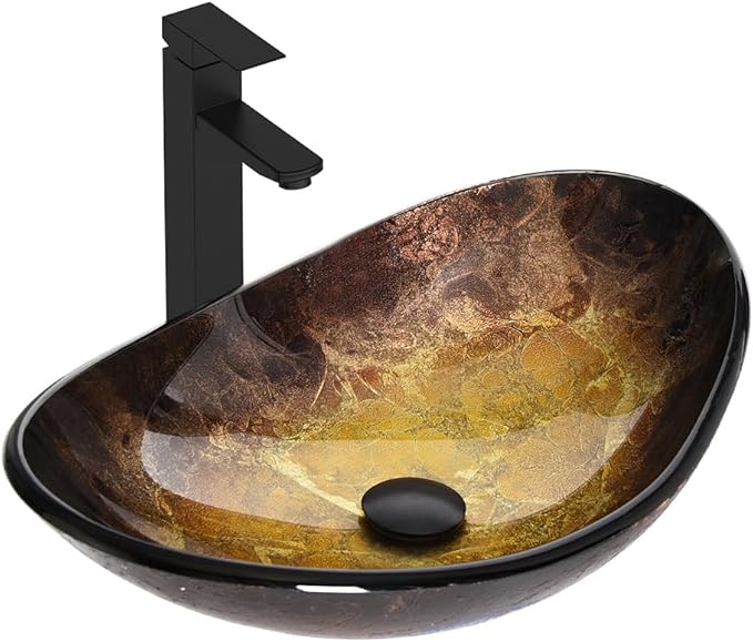 Bathroom Boat Shape Artistic Glass Vessel Sink Free Black Faucet and Pop-up Drain Set, Gold