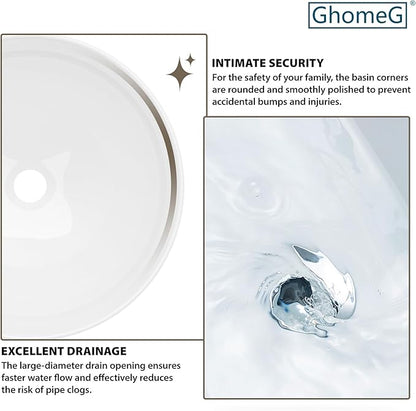 16''x16'' Vessel Sink - Round White Ceramic Porcelain Above Counter Bowl for Bathroom Vanity, Small Art Basin