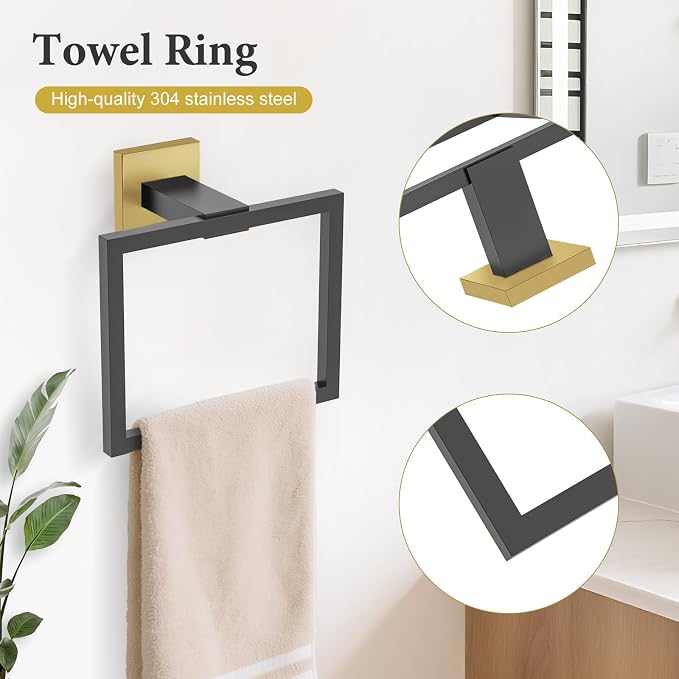 TURS Bathroom Accessory Set Black and Gold Towel Ring Set Stainless Steel Toilet Paper Holder Towel Ring Robe Hook Wall Mount