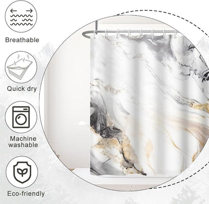 Grey and White Shower Curtain, Modern Grey Marble Shower Curtain for Bathroom Aesthetic Waterproof Shower Curtain Set with Hooks, 48x72 Inch