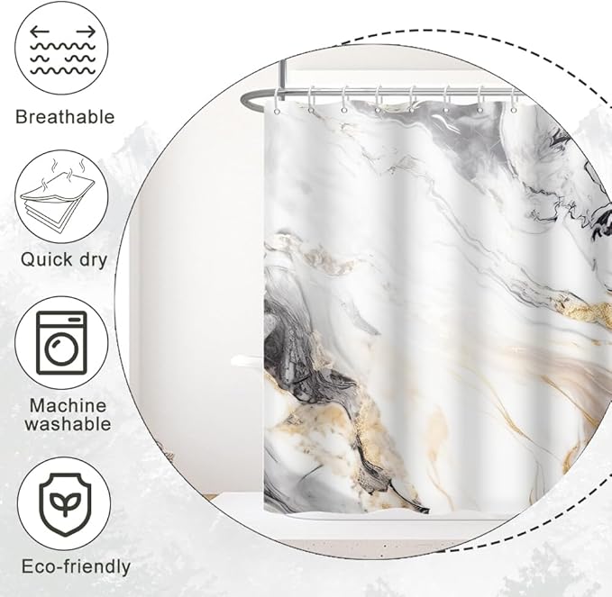 Grey and White Shower Curtain, Modern Grey Marble Shower Curtain for Bathroom Aesthetic Waterproof Shower Curtain Set with Hooks, 72x84 Inch