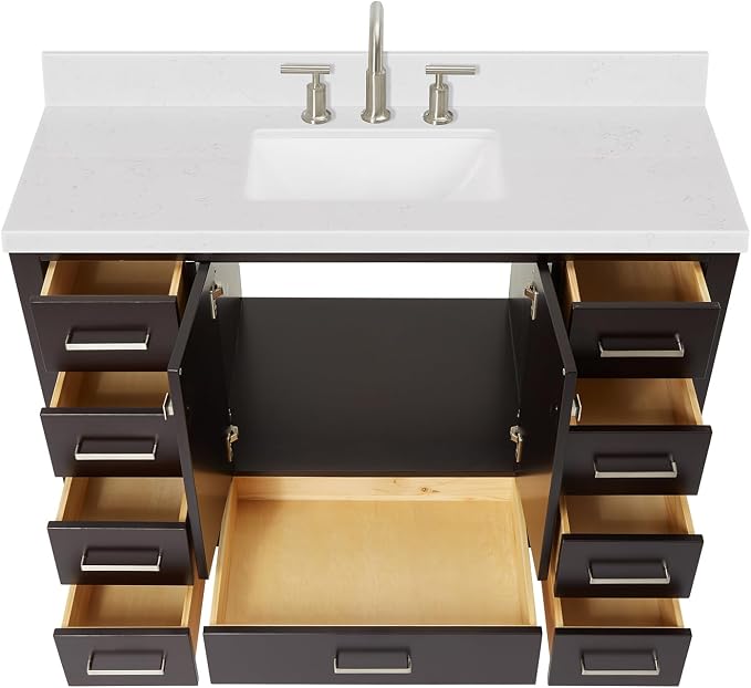 Beckford 48-Inch Bathroom Vanity with Sink — Espresso Single Sink Bathroom Vanity, 1.5" Edge Carrara White Quartz Countertop, Solid Wood, 2 Soft-Close Doors, 9 Dovetail Drawers