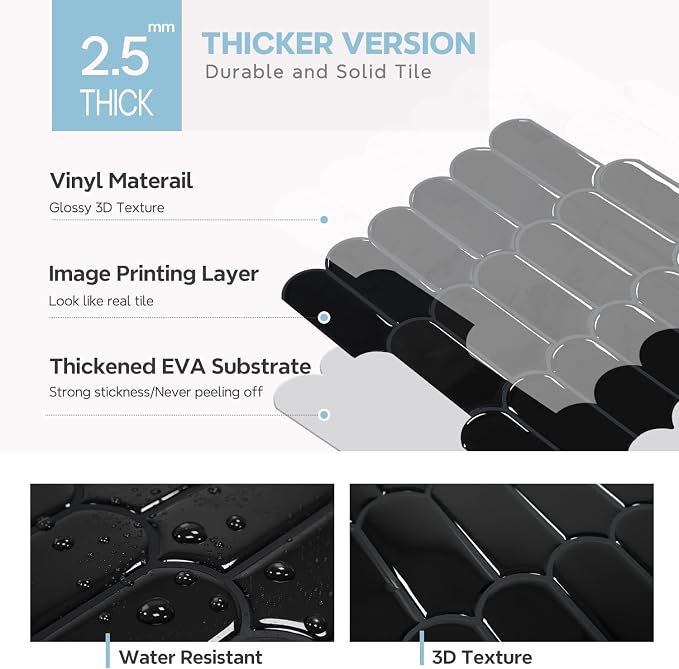 Vamos Tile Peel and Stick Backsplash,Thicker Design, Black,10 Sheets | Self Adhesive Vinyl Wall Tiles with Dark Gray Grout, Stick on Backsplash for Kitchen, Bathroom, RV