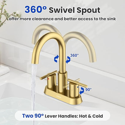 Hurran 4 Inch Bathroom Faucet for Sink 3 Hole, Gold Bathroom Faucet with Pop-up Drain and 2 Supply Hoses,Stainless Steel Lead-Free 2-Handle Centerset Faucet for Sink Vanity RV