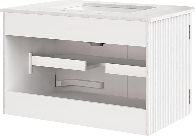 Modway Zia 30 Inch Wall-Mount Bathroom Vanity in Ivory with Marble Sink Basin - Floating Bathroom Cabinet with Fluted Design