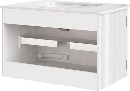 Modway Zia 30 Inch Wall-Mount Bathroom Vanity in Ivory with Marble Sink Basin - Floating Bathroom Cabinet with Fluted Design