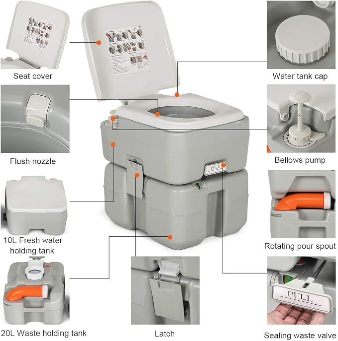 HAPPYGRILL Portable Toilet Outdoor Mini Toilet with Piston Pump Flush for Camping Boating Traveling