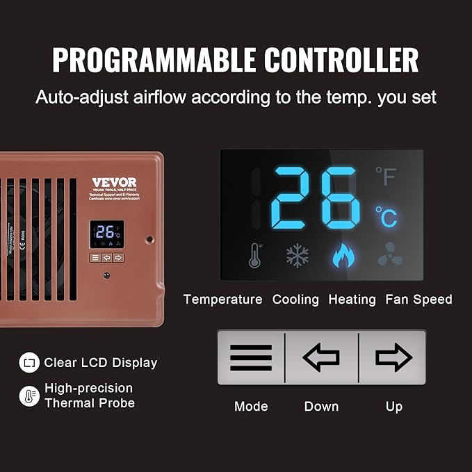 VEVOR Register Booster Fan, Quiet Vent Booster Fan Fits 4” x 10” Register Holes, with Remote Control and Thermostat Control, Adjustable 10-Speed for Heating Cooling Smart Vent, Brown
