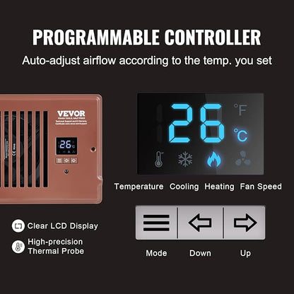 VEVOR Register Booster Fan, Quiet Vent Booster Fan Fits 4” x 10” Register Holes, with Remote Control and Thermostat Control, Adjustable 10-Speed for Heating Cooling Smart Vent, Brown