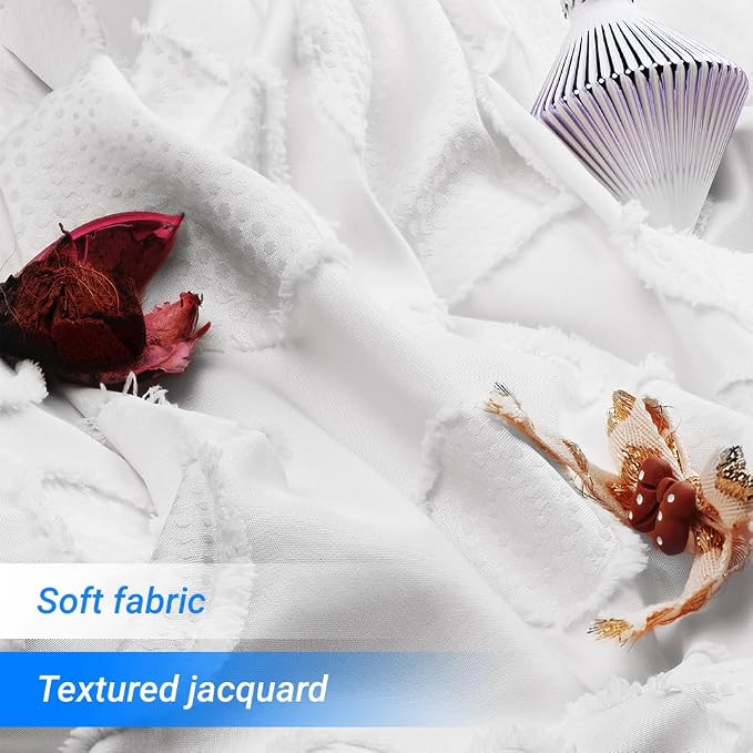 Waterproof Fabric Shower Curtain for Bathroom - Washable, 72"x72", Boho Style, Textured Jacquard, Hotel Quality, Ruffled, 12 Metal Hooks, Ivory White