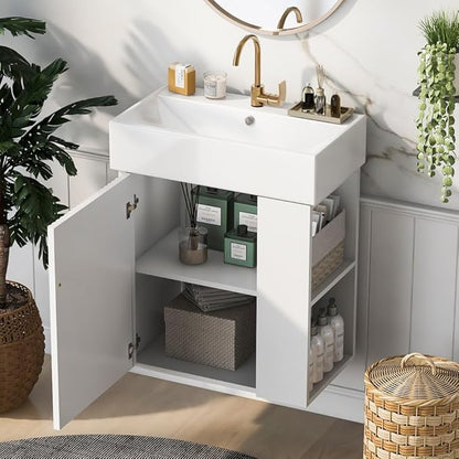22" Small Bathroom Vanity with Sink, Floating Vanity for Bathrooms with Soft-Close Door and Open Shelf, Wall Mounted Narrow Bathroom Vanities for Compact Bathrooms (White,22" Floating Right Shelf)