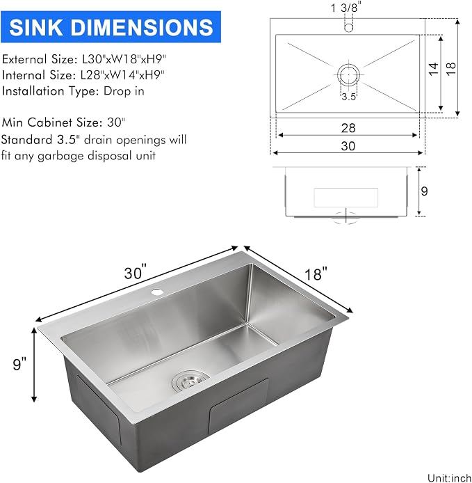 30"x18" Drop-In Single Bowl Sink 304 Stainless Steel 1-Hole | 30 inch Drop in Kitchen Sink | 304 SS Handmade | Topmount | 9" Deep Bowl | Family Kitchen/Prep | Large Capacity