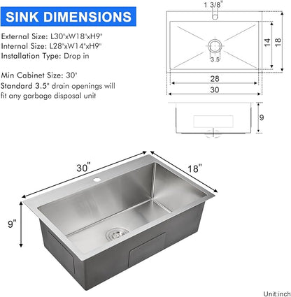 30"x18" Drop-In Single Bowl Sink 304 Stainless Steel 1-Hole | 30 inch Drop in Kitchen Sink | 304 SS Handmade | Topmount | 9" Deep Bowl | Family Kitchen/Prep | Large Capacity