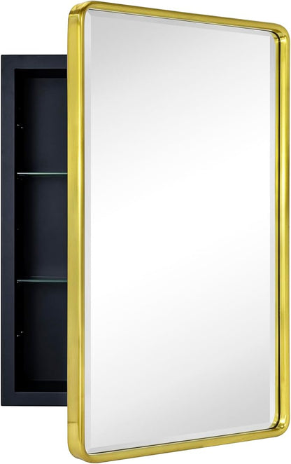 TEHOME Surface Mount 16x24 Brushed Gold Bathroom Medicine Cabinet with Mirror Gold Metal Framed Rounded Rectangle Medicine Cabinet with Beveled Mirror