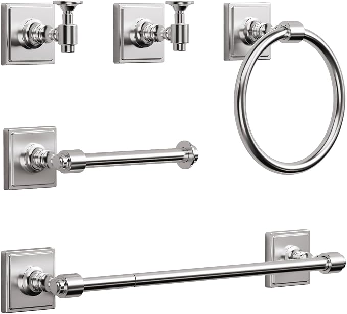 VEHCIL Brushed Nickel Bathroom Accessories Set, 5-Piece Bathroom Hardware Set, 24 Inch Towel Bar, SUS304 Stainless Steel, Towel Racks for Bathroom Wall Mounted Towel Ring Toilet Paper Holder Hooks