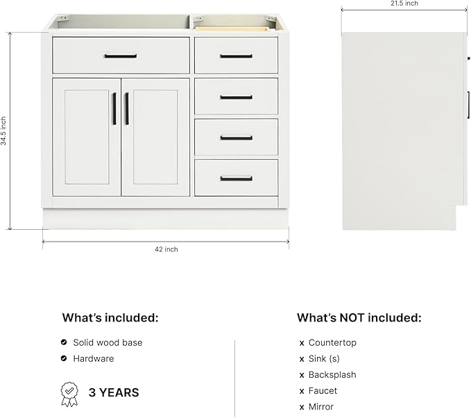 ARIEL Hepburn 42-inch Bathroom Vanity Base Cabinet,Solid Wood, 2 Soft Closing Doors, 5 Dovetail Drawers, White