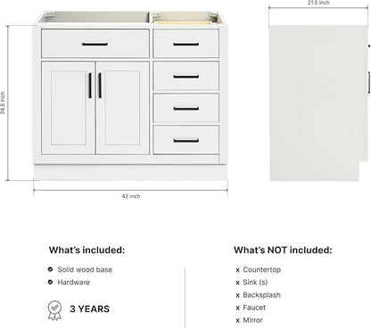 ARIEL Hepburn 42-inch Bathroom Vanity Base Cabinet,Solid Wood, 2 Soft Closing Doors, 5 Dovetail Drawers, White