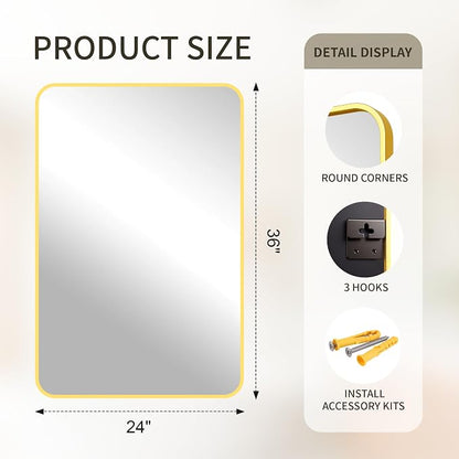 FICTOR Bathroom Mirror for Over Sink, 24"x36" Vanity Mirror for Wall, Gold | Shatterproof Tempered Glass, Anti-Rust Frame, Vertical/Horizontal Mounting, Wall Mirror for Bedroom, Living Room, Entryway