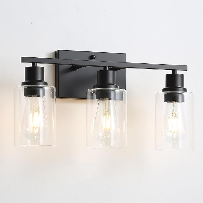 Farmhouse Vanity Light Fixtures,3-Lights Matte Black Bathroom Illumination,Matte Black Vintage Wall Sconces with Clear Glass Shades, Modern Wall Lighting for Mirror,Bedroom,Living Room