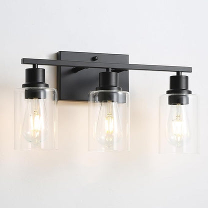 Farmhouse Vanity Light Fixtures,3-Lights Matte Black Bathroom Illumination,Matte Black Vintage Wall Sconces with Clear Glass Shades, Modern Wall Lighting for Mirror,Bedroom,Living Room
