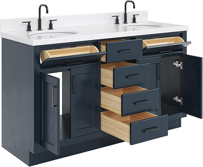 ARIEL Hepburn 60-inch Bathroom Vanity with Sink,Solid Wood, 1.5-inch Carrara White Quartz Countertop, Double Oval Porcelain Sink, 4 Soft Closing Doors, 6 Dovetail Drawers, Midnight Blue