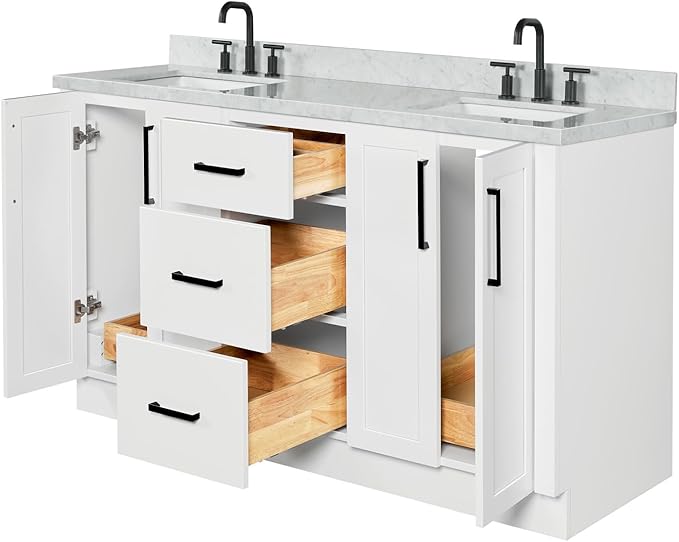 ARIEL Loren 60-inch Bathroom Vanity with Sink,Solid Wood, 1.5-inch Italian Carrara Marble Countertop, Double Rectangular Porcelain Sink, 4 Soft Closing Doors, 3 Dovetail Drawers, White
