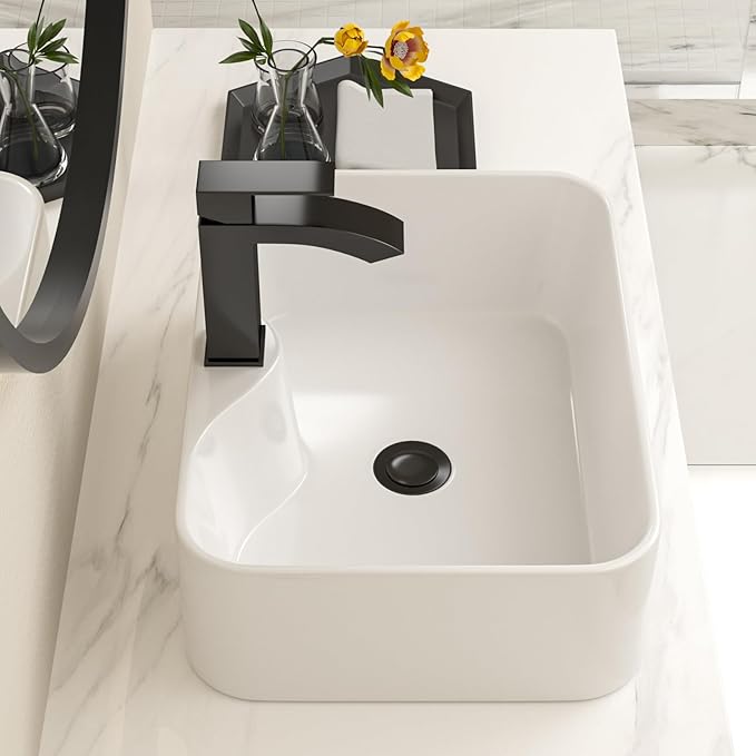 Bathroom Vessel Sink 19" x 15" Rectangle With Black Faucet And Black Drain Combo Bowl Sink Bathroom Countertop Rectangular White Farmhouse Lavatory Vanity Sink Basin