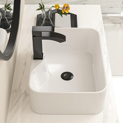 Bathroom Vessel Sink 19" x 15" Rectangle With Black Faucet And Black Drain Combo Bowl Sink Bathroom Countertop Rectangular White Farmhouse Lavatory Vanity Sink Basin