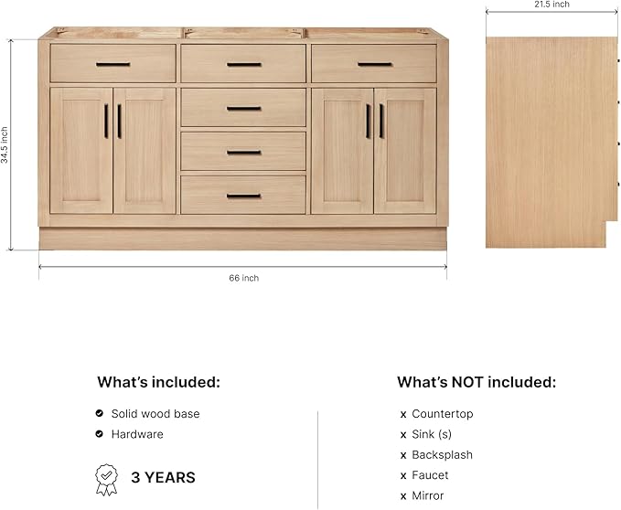 ARIEL Hepburn 66-inch Bathroom Vanity Base Cabinet,Solid Wood, 4 Soft Closing Doors, 6 Dovetail Drawers, White Oak