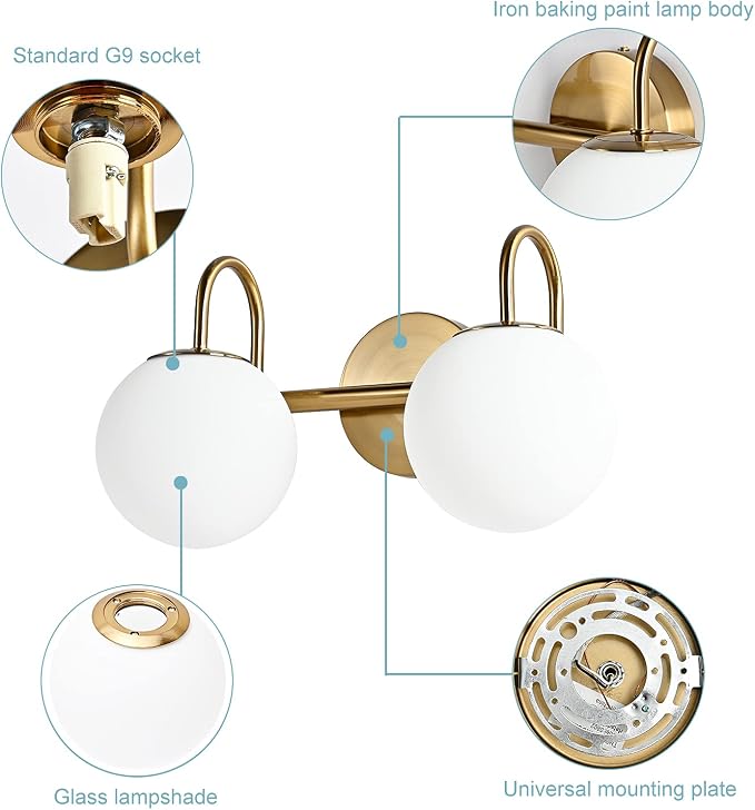 Modern Bathroom Vanity Light Fixtures 2 Lights Brushed Brass Milk White Globe Glass Shade Modern Wall Bar Sconce Lighting Bath Vanity Lights Over Mirror (Exclude G9 Bulb)