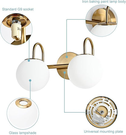 Modern Bathroom Vanity Light Fixtures 2 Lights Brushed Brass Milk White Globe Glass Shade Modern Wall Bar Sconce Lighting Bath Vanity Lights Over Mirror (Exclude G9 Bulb)