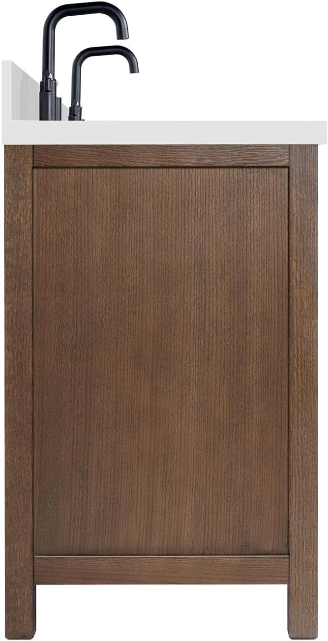 ARIEL Cambridge 66-inch Bathroom Vanity with Sink,Solid Wood, 1.5-inch Pure White Quartz Countertop & Backsplash, Double Oval Porcelain Sink, 4 Soft Closing Doors, 6 Dovetail Drawers, Brown Oak