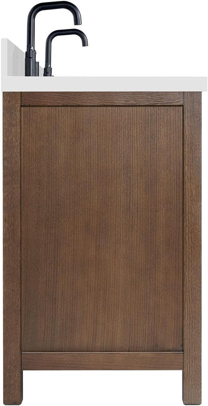 ARIEL Cambridge 66-inch Bathroom Vanity with Sink,Solid Wood, 1.5-inch Pure White Quartz Countertop & Backsplash, Double Oval Porcelain Sink, 4 Soft Closing Doors, 6 Dovetail Drawers, Brown Oak