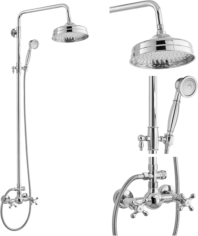 gotonovo Exposed Shower System Wall Mount,Polish Chrome,Metal Handheld | 8” Rain Shower Head Faucet Set Fixtures,2 Function,Two Cross Handle,Height Adjustable,for 5-6.7" Hole,Indoor Victorian Retro