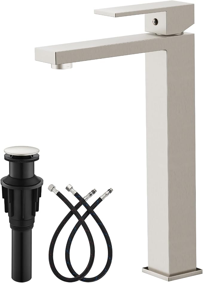 gotonovo Bathroom Vessel Sink Faucet with Pop Up Drain, Brushed Nickel | Tall Bathroom Faucet 1 Hole Single Handle, Modern Square Body, cUPC Water Supply Line, SUS304, for Basin Vanity Restroom Rv