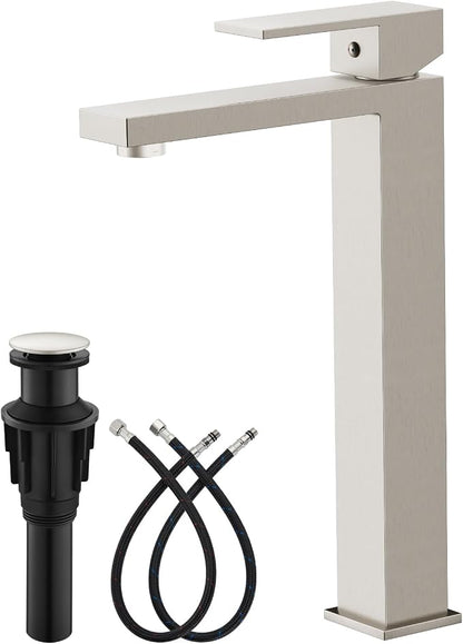 gotonovo Bathroom Vessel Sink Faucet with Pop Up Drain, Brushed Nickel | Tall Bathroom Faucet 1 Hole Single Handle, Modern Square Body, cUPC Water Supply Line, SUS304, for Basin Vanity Restroom Rv