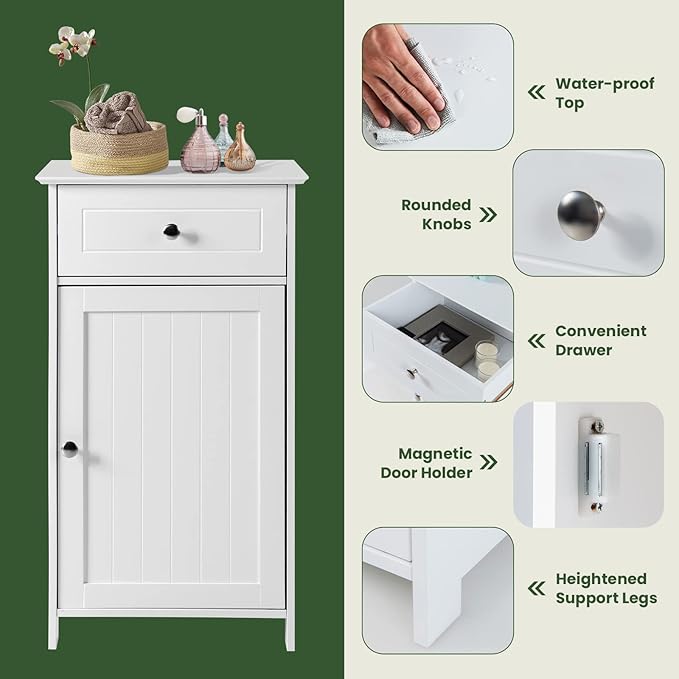 COSTWAY Bathroom Storage Cabinet, Wooden Freestanding Storage Organizer with Deep Drawers & Adjustable Shelf, Single Door Floor Cabinet for Living Room, Bathroom, Kitchen, Entryway, White