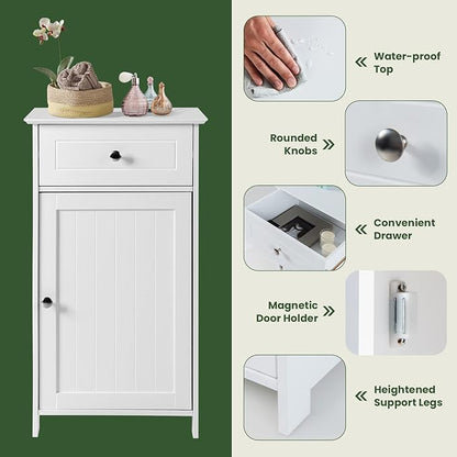 COSTWAY Bathroom Storage Cabinet, Wooden Freestanding Storage Organizer with Deep Drawers & Adjustable Shelf, Single Door Floor Cabinet for Living Room, Bathroom, Kitchen, Entryway, White
