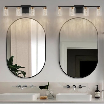 SineRise 4-Light Black and Gold Vanity Light with 3 Color Modes (3000K/4000K/6000K), Eye Protection LED Bathroom Light Fixture, Dimmable Modern Wall Light Over Mirror with Clear Glass Shade
