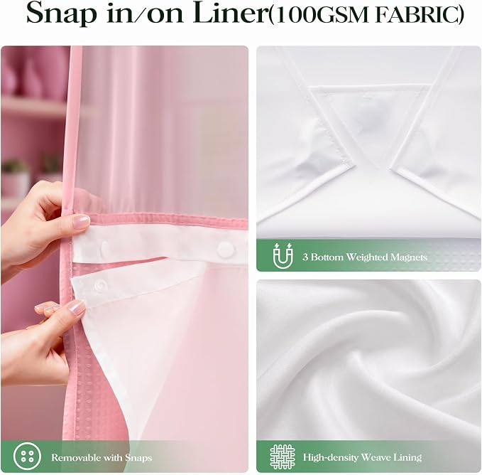 Pink Hook Free Waffle Shower Curtain & Snap-in Fabric Liner,72x75 | Less Time to install, 3 in 1 Fabric Shower Curtain and Liner Set with Magnets, Mesh Top Window, Shower Curtains for Bathroom
